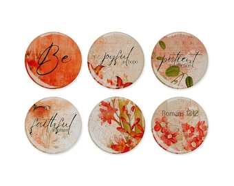 Christian Magnets (6) Be Joyful In Hope Romans 12:12 Floral Butterflies, Large Round 2.25 inch Pretty Gifts for Women of Faith Coral Kitchen