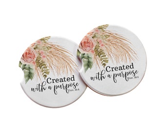 Created With A Purpose Prov. 16:4 Set of 2 Car Coasters - Biblical Quote, Pink Rose Golden Pampas Grass Eucalyptus, Gift for Women of Faith