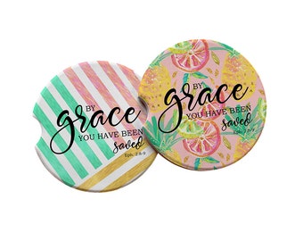 Pink Tropical Pineapple - By Grace You Have Been Saved Ephesians 2:8-9 Ceramic Car Coasters - Gifts for Church Friends Faith-based Car Decor