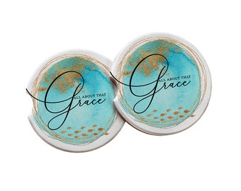 All About that Grace Bible-Inspired Car Coasters - Sea Blue Faux Gold Ocean Theme w/ Fish (Set of 2), Absorbent Ceramic Gifts for Christians