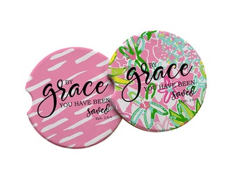 Pink and Blue Floral - By Grace You Have Been Saved Ephesians 2:8-9 Absorbent Car Coasters - Gifts for Christians Bible Verse Absorbent