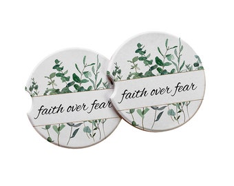 Faith over Fear Bible-Inspired Car Coasters - Absorbent Ceramic, Eucalyptus Design for Women, Christian Gifts Car Decor for Cup Holders