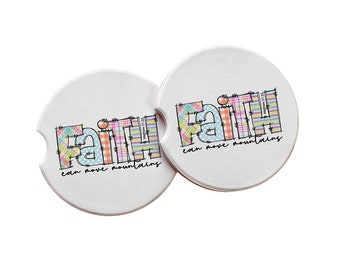 Faith Can Move Mountains Pair of Absorbent Car Coasters, Biblical Gifts for Women, Scripture Gifts  For Christians, Spring Doodle Letters