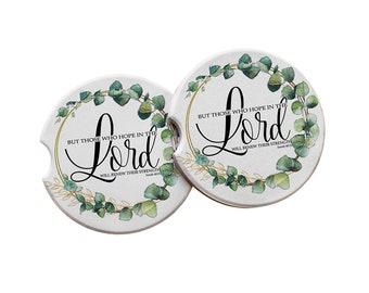 But Those who Hope in the Lord will Renew Their Strength Bible Verse Car Coasters - Ceramic, Eucalyptus Wreath, Faith-Based Gift Ideas 4 Her