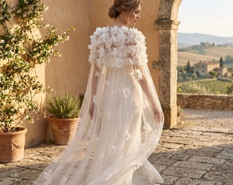 3D Flower Bridal Cape Veil, Sheer Tulle Wedding Cape with Floral Appliques, Long Romantic Bridal Cover Up