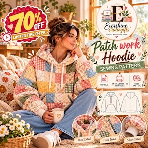 Könnte beinhalten: Ein Patchwork-Kapuzenpullover-Schnittmuster mit gestepptem Blumen- und Vichy-Karo-Design in Pastellfarben. Das digitale Produkt enthält PDF-Dateien für A4, US Letter und A0-Druck, Größen von XXS bis 5XL sowie Detailansichten von Kapuze, Tasche und Ärmeln.