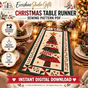 May include: A Christmas table runner sewing pattern PDF featuring a quilted design with a central tree made of red, green, and plaid fabric patches, topped with a gold star, surrounded by a border of holly and geometric patterns.