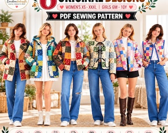 May include: A digital PDF sewing pattern for 6 original quilted jacket designs, featuring patchwork patterns in various colors. The text includes 6 ORIGINAL DESIGNS, WOMEN'S XS - XXXL | GIRLS 6M - 10Y, and PDF SEWING PATTERN. Icons indicate beginner friendly.