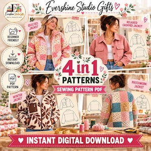 May include: A 4-in-1 sewing pattern PDF for jackets, featuring four distinct styles: a floral patchwork quilted jacket, a solid pink cropped jacket, a leaf-patterned fleece winter jacket, and a multi-colored patchwork jacket, with line drawings.