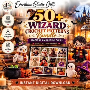 Peut inclure: Un ensemble numérique de plus de 50 modèles de crochet de sorcier avec des poupées amigurumi. L'image présente une collection de figurines crochetées dont un hibou, un jeune sorcier, un fantôme et un chat noir, avec une tablette.