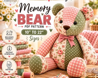 May include: A stuffed memory bear made of patchwork fabric in shades of sage green and pink, featuring floral, polka dot, and gingham patterns. The bear has a pink bow tie and black eyes. Text includes Evershine Studio Gifts Memory Bear.