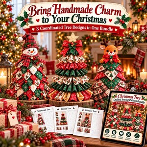 May include: A digital sewing pattern bundle featuring three quilted Christmas tree designs: a snowman, a ribbon tree, and a reindeer. The set includes printed instructions and a tablet displaying the text: Bring Handmade Charm to Your Christmas.
