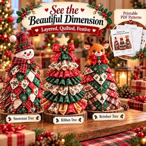 May include: Three decorative Christmas tree ornaments on wooden bases: a snowman tree, a ribbon tree, and a reindeer tree. Each features quilted, layered fabric in red, green, and white patterns. Includes a set of printable PDF sewing patterns.