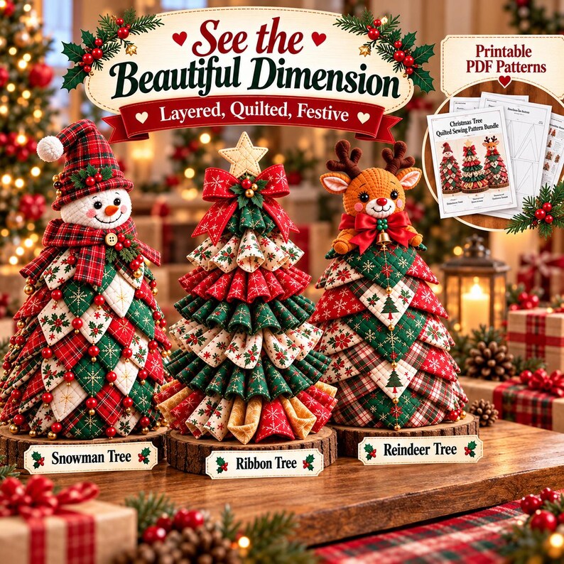 May include: Three decorative Christmas tree ornaments on wooden bases: a snowman tree, a ribbon tree, and a reindeer tree. Each features quilted, layered fabric in red, green, and white patterns. Includes a set of printable PDF sewing patterns.
