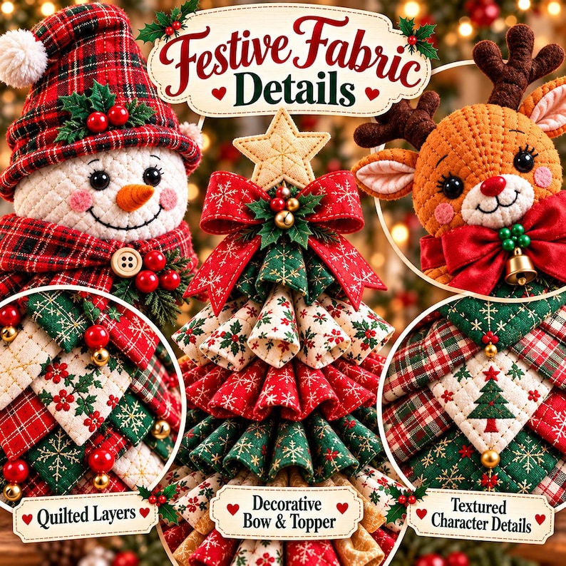 May include: A fabric Christmas tree with quilted layers, a red bow, and a star topper, flanked by a snowman and a reindeer. Text reads Festive Fabric Details, Quilted Layers, Decorative Bow & Topper, and Textured Character Details.