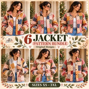 May include: A digital collage featuring six variations of a quilted patchwork jacket with diverse floral and geometric patterns in red, blue, yellow, and white. The text reads 6 JACKET PATTERN BUNDLE Original Designs SIZES XS - 3XL.