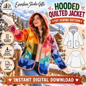 Puede incluir: Un patrón de costura en PDF para una chaqueta acolchada con capucha y un diseño de patchwork geométrico en colores arcoíris. La chaqueta tiene mangas largas, capucha y bolsillos delanteros. Incluye dibujos técnicos de la chaqueta.