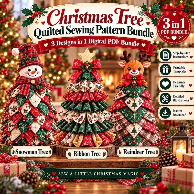 May include: A 3-in-1 Christmas Tree Quilted Sewing Pattern Bundle featuring three fabric tree designs: a snowman, a ribbon tree, and a reindeer. The digital PDF bundle includes step-by-step instructions, printable templates, and detailed illustrations for these holiday-themed projects.