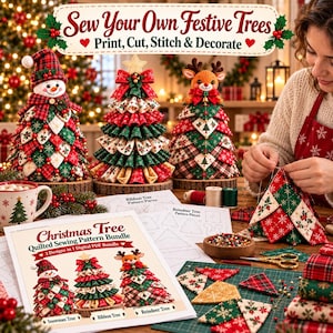 May include: A Christmas tree quilted sewing pattern bundle featuring three designs: a snowman, a ribbon tree, and a reindeer tree. The set includes printed pattern pieces, fabric triangles in red, green, and cream, scissors, and thread.