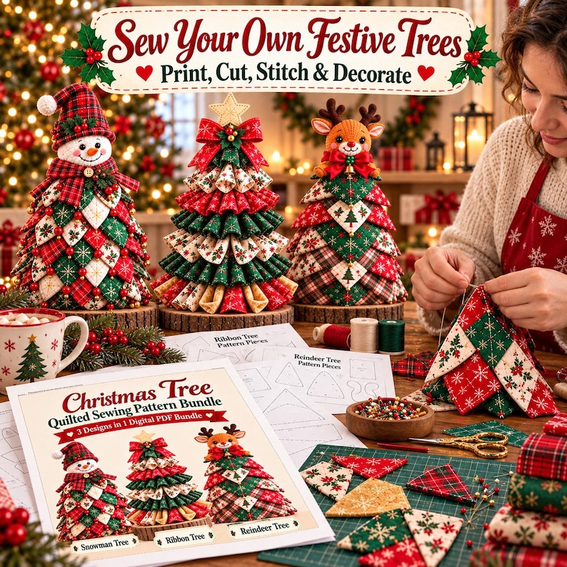 May include: A Christmas tree quilted sewing pattern bundle featuring three designs: a snowman, a ribbon tree, and a reindeer tree. The set includes printed pattern pieces, fabric triangles in red, green, and cream, scissors, and thread.