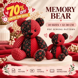 Memory Bear Sewing Pattern PDF: 10 Sizes, Patchwork Keepsake Teddy, A4 & US Letter