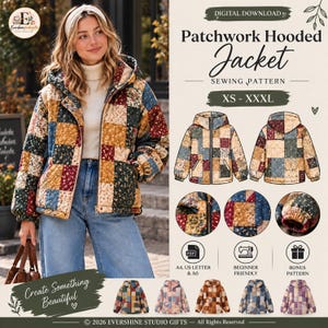 May include: A digital sewing pattern for a patchwork hooded jacket in sizes XS to XXXL. The image displays a jacket with a multi-colored floral patchwork design, technical sketches of the front and back, and five color variations.