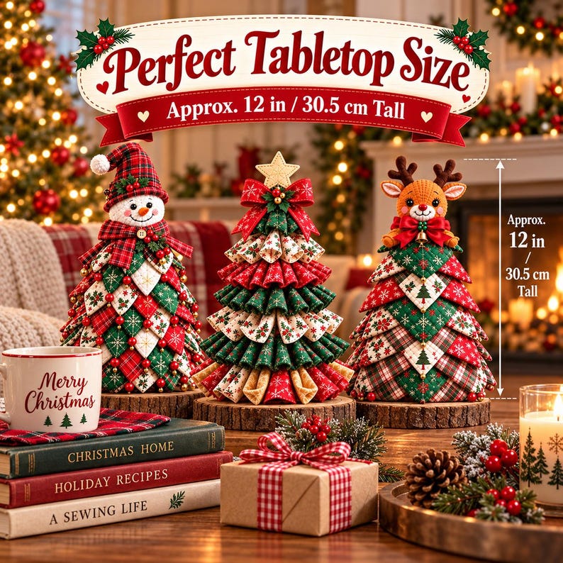 May include: Three fabric Christmas tree decorations, each 12 inches tall, stand on wooden bases. One features a snowman topper, one a star, and one a reindeer. A mug labeled Merry Christmas and stacked books sit nearby.