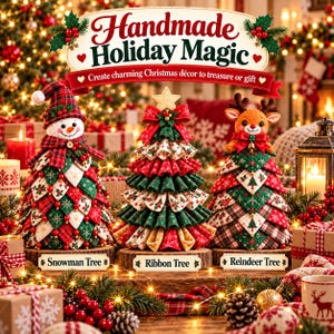 May include: Three decorative fabric Christmas trees on wooden bases labeled Snowman Tree, Ribbon Tree, and Reindeer Tree. The snowman tree wears a plaid hat, the ribbon tree has ruffled layers, and the reindeer tree features a plush deer topper.