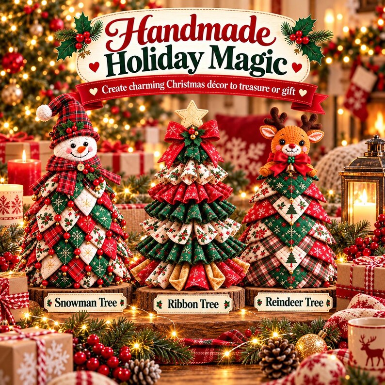 May include: Three decorative fabric Christmas trees on wooden bases labeled Snowman Tree, Ribbon Tree, and Reindeer Tree. The snowman tree wears a plaid hat, the ribbon tree has ruffled layers, and the reindeer tree features a plush deer topper.