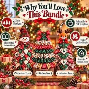 May include: A holiday craft bundle featuring three decorative trees: a snowman tree with a plaid hat, a ribbon tree with a star topper, and a reindeer tree. The image includes text labels: Why You'll Love This Bundle, 3 Tree Designs, Printable PDF Templates, Illustrated Instructions, Festive Quilted Style, Great for Holiday Decor, Snowman Tree, Ribbon Tree, and Reindeer Tree.