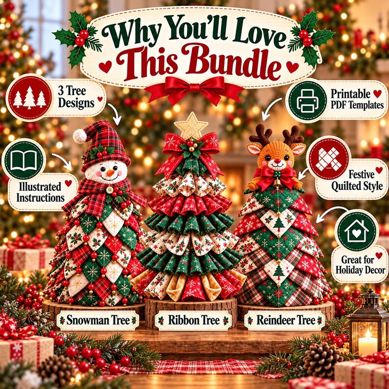 May include: A holiday craft bundle featuring three decorative trees: a snowman tree with a plaid hat, a ribbon tree with a star topper, and a reindeer tree. The image includes text labels: Why You'll Love This Bundle, 3 Tree Designs, Printable PDF Templates, Illustrated Instructions, Festive Quilted Style, Great for Holiday Decor, Snowman Tree, Ribbon Tree, and Reindeer Tree.