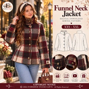 Funnel Neck Jacket Sewing Pattern, Women’s Cropped Wool Coat PDF, Sizes XS–5XL, Beginner Jacket Pattern, Instant Download