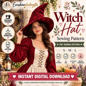 Könnte beinhalten: Ein digitales Schnittmuster für einen Hexenhut mit dem Text Witch Hat Sewing Pattern, PDF Sewing Pattern, S-M-L, PDF Pattern, A4 Size, US Letter Size, Instant Download und 2026 Evershinestudiogifts All Rights Reserved.