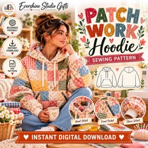 Wzór na bluzę z kapturem w stylu patchworku w formacie PDF | Wzór na pikowaną bluzę z kapturem | Natychmiastowe pobranie cyfrowe | A4, format US Letter, A0 | Rozmiary XXS-5XL Natychmiastowe pobranie