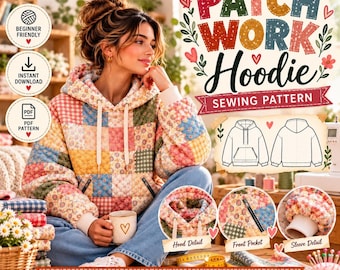 May include: A patchwork hoodie sewing pattern featuring a quilted design with various floral and checkered fabric squares in pastel colors. The digital download includes a hood, front pocket, and sleeve details with technical line drawings.