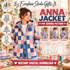 Patrón de costura para chaqueta acolchada con capucha Patrón de chaqueta acolchada Patrones de costura Patrón de costura acolchada Chaqueta con capucha Chaqueta de mujer