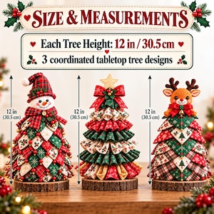 May include: Three 12-inch tall fabric tabletop trees on wood bases. One features a snowman topper, one a star, and one a reindeer. The trees are decorated with red, green, and white quilted fabric patterns, berries, and bows.