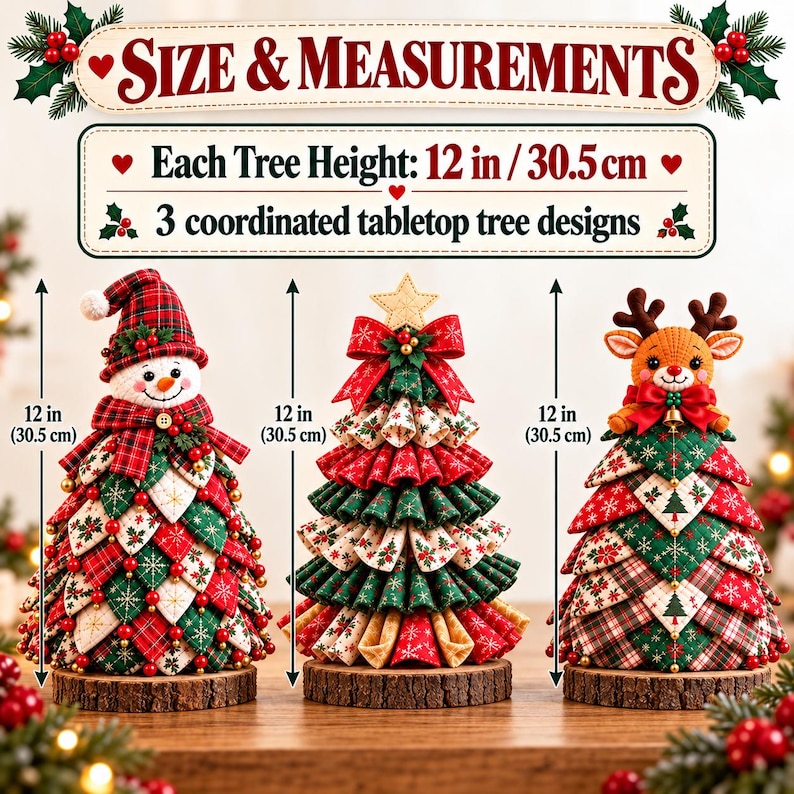 May include: Three 12-inch tall fabric tabletop trees on wood bases. One features a snowman topper, one a star, and one a reindeer. The trees are decorated with red, green, and white quilted fabric patterns, berries, and bows.