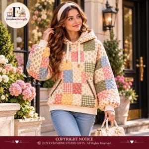 May include: A quilted hoodie featuring a patchwork design of various floral and gingham patterns in shades of pink, yellow, blue, and green. The garment includes a hood with cream-colored drawstrings, long sleeves with ribbed cuffs, and two front pockets with zippers.