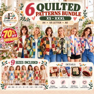 May include: A digital product bundle featuring 6 quilted jacket patterns in sizes XS to XXXL and 9 children's dress patterns from 6M to 10Y. Includes A4, US Letter, and A0 formats, with details on collars, buttons, pockets, and quilted fabric.