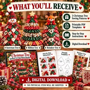 May include: A digital sewing pattern bundle for three Christmas tree decorations: a snowman tree, a ribbon tree, and a reindeer tree. Includes printable PDF templates, step-by-step instructions, and a digital download notice for these fabric crafts.
