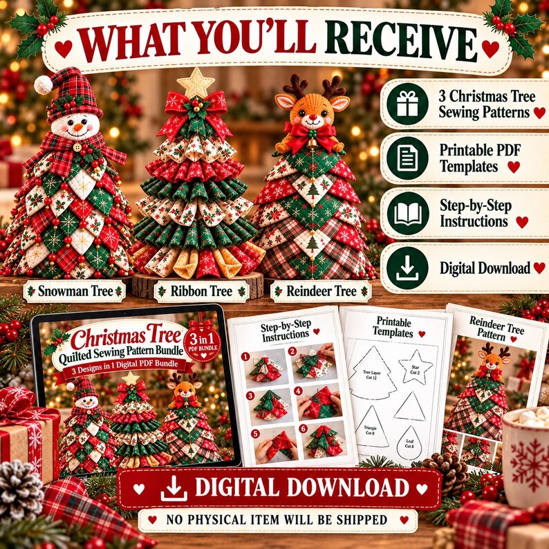 May include: A digital sewing pattern bundle for three Christmas tree decorations: a snowman tree, a ribbon tree, and a reindeer tree. Includes printable PDF templates, step-by-step instructions, and a digital download notice for these fabric crafts.