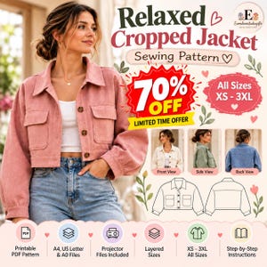 May include: A sewing pattern for a relaxed cropped jacket featuring a pink jacket with a collar, button-down front, and two chest pockets. The graphic includes text, size range XS-3XL, and technical line drawings showing front and back views.