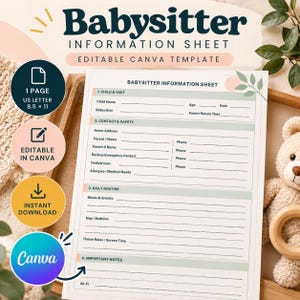 Babysitter sheet, editable babysitter info sheet template, nanny emergency contact form, printable childcare details, instant download