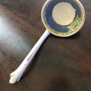 Antique serving ladle vintage ceramic ladle unmarked blue green lotus pattern
