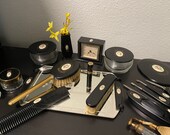 Antique Vanity set Bakelite black pink rose 18 piece set 1920 30s