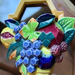 Antique Wall Pocket Colorful Ceramic Basket of Fruit 9”