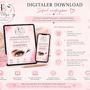 May include: A digital training manual for eyelash extensions displayed on a tablet and smartphone. The pink-themed document features the Tillys Beauty Lounge logo, text in German, and a step-by-step guide on how to purchase and download the PDF file.
