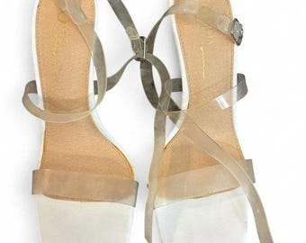 Olivia Jaymes Clear Heels 7.5 Y2K PVC Wrap Strappy Stiletto Sandals
