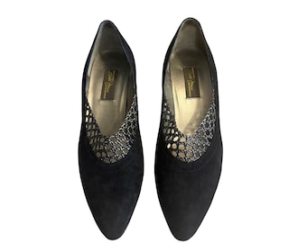Sesto Meucci Vintage 90s Black Suede Metallic Mesh Pointed Toe Pumps 10N Italy